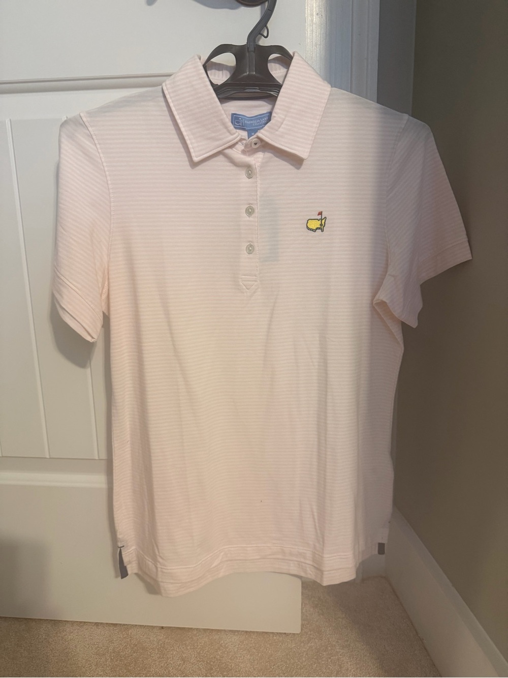 Masters Pale Pink Striped Polo Top with Yellow Logo
